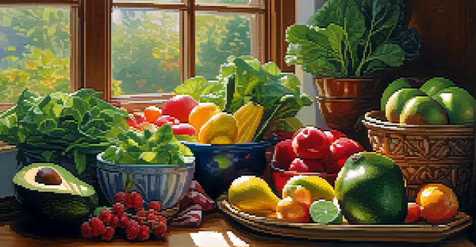 A bright kitchen with fresh fruits and vegetables on a wooden cutting board, illuminated by sunlight.