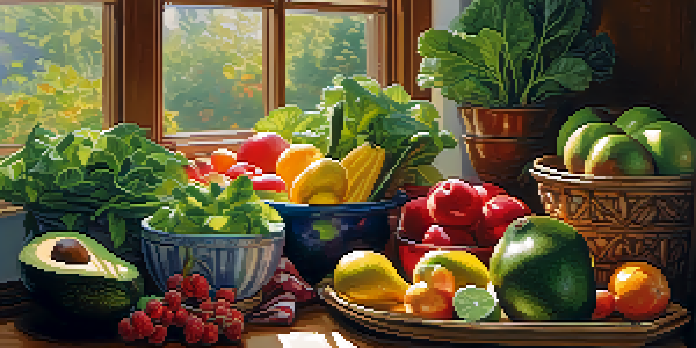 A bright kitchen with fresh fruits and vegetables on a wooden cutting board, illuminated by sunlight.