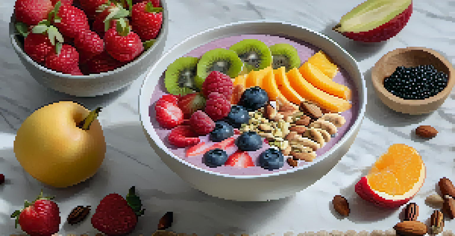 A colorful raw fruit smoothie bowl topped with fresh fruits, nuts, and seeds on a marble countertop with a spoon beside it.