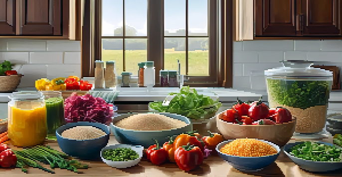 A colorful kitchen counter with fresh vegetables, grains, and organized meal prep containers filled with salads and grain bowls under natural light.