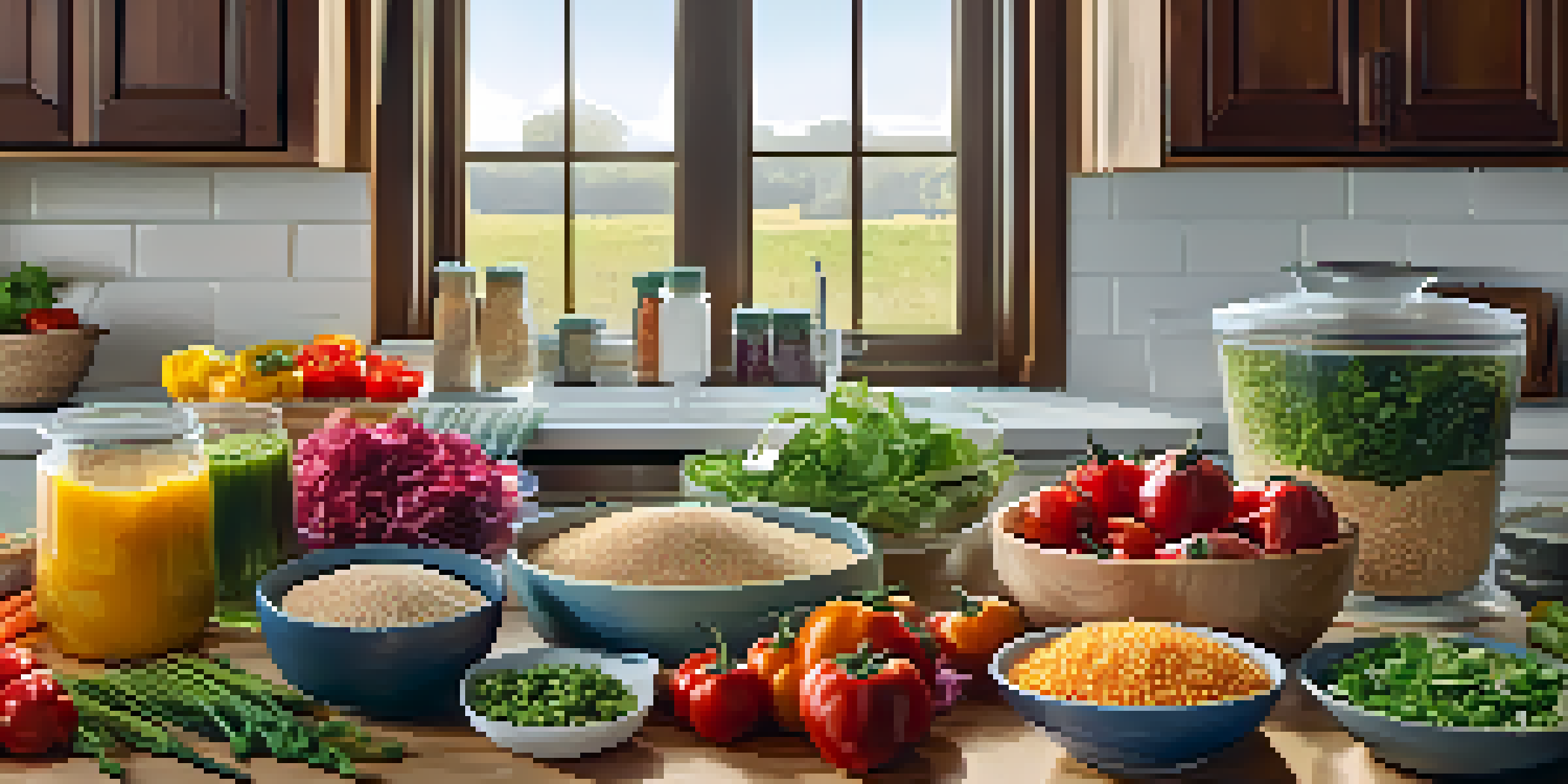 A colorful kitchen counter with fresh vegetables, grains, and organized meal prep containers filled with salads and grain bowls under natural light.