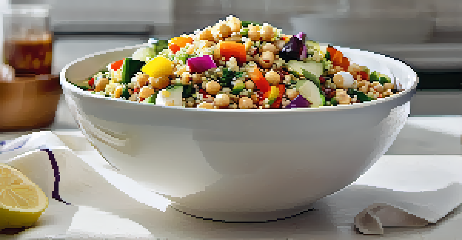 A bowl of Mediterranean quinoa salad with vegetables, chickpeas, and a hard-boiled egg, drizzled with olive oil and lemon juice on a kitchen countertop.