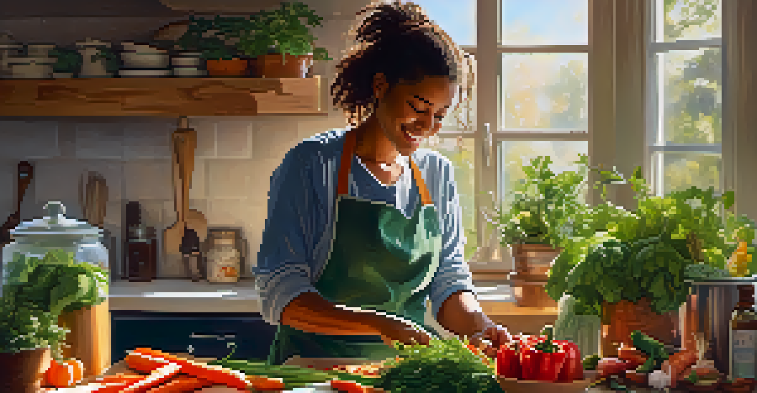 A person happily chopping vegetables in a bright and cozy kitchen, surrounded by fresh ingredients and plants.