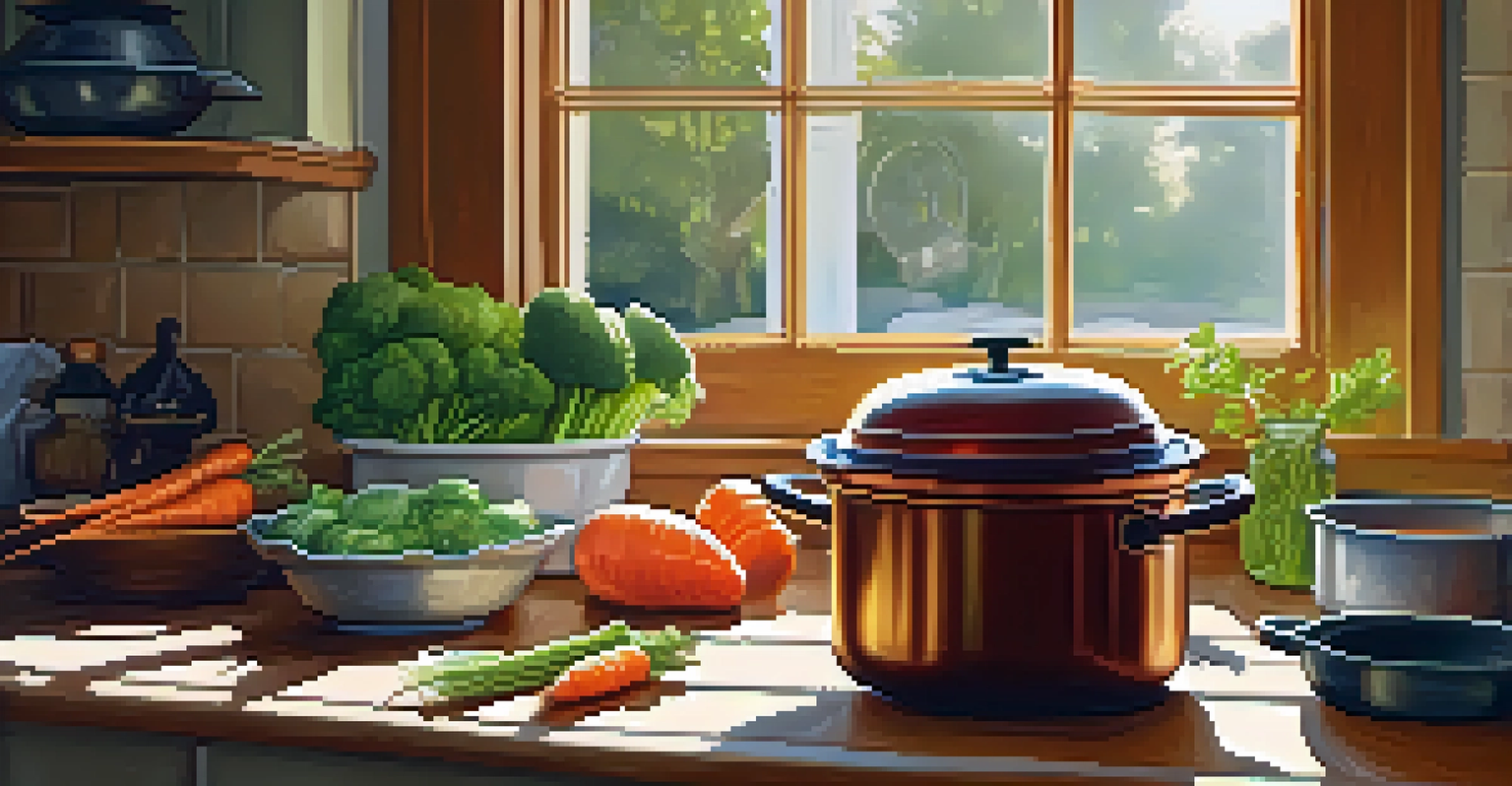 A Dutch oven on a stove filled with braising vegetables, with warm lighting from a window creating a cozy kitchen atmosphere.