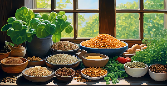 A colorful arrangement of plant-based protein sources like lentils, chickpeas, nuts, and seeds on a wooden table, illuminated by sunlight.