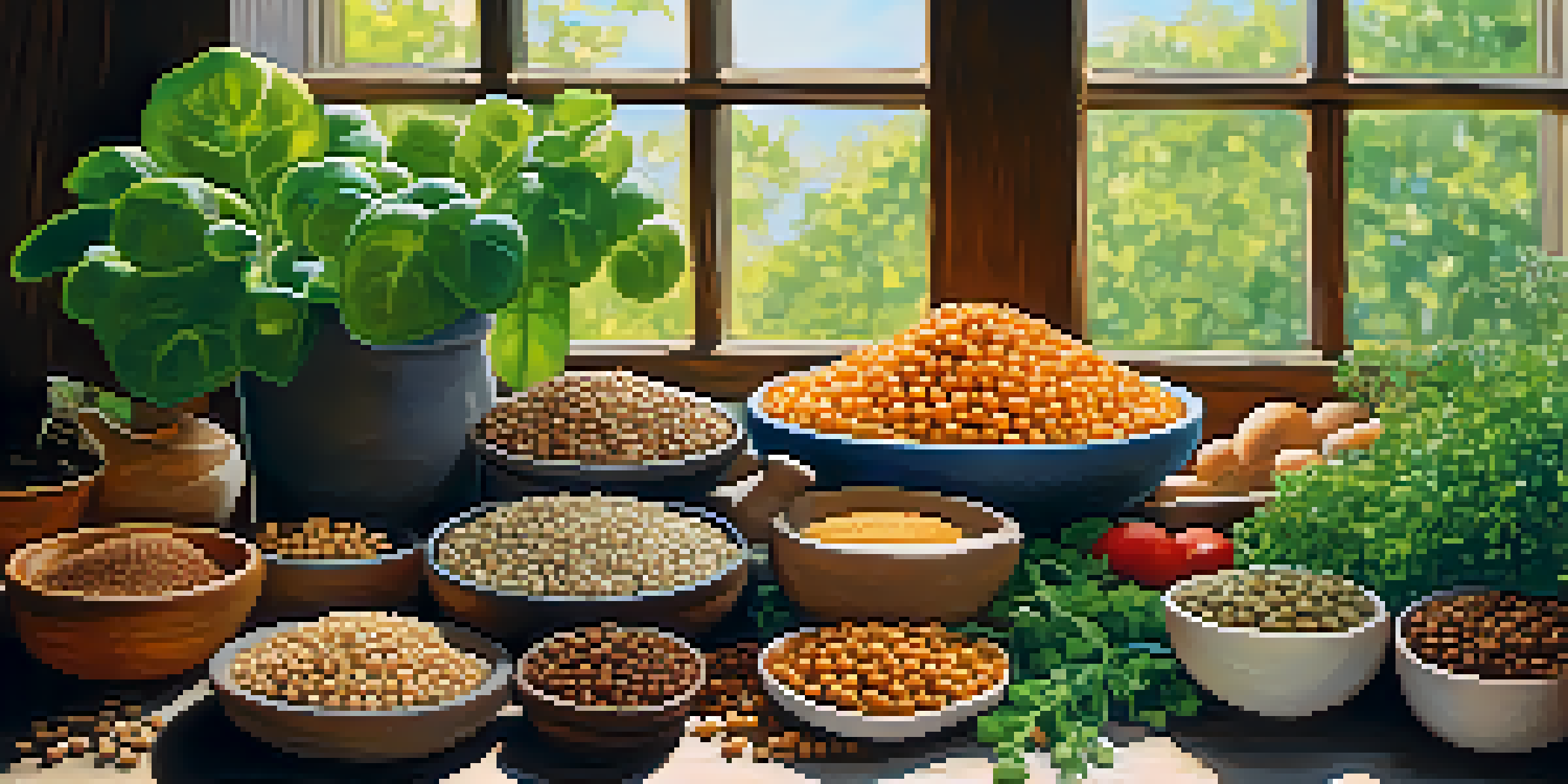 A colorful arrangement of plant-based protein sources like lentils, chickpeas, nuts, and seeds on a wooden table, illuminated by sunlight.
