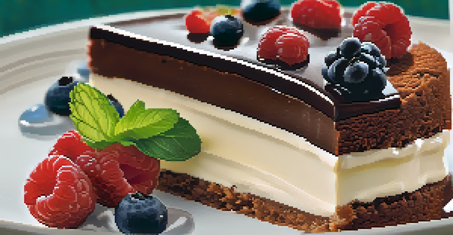 A close-up of a chocolate cake slice topped with cashew cream, fresh berries, and mint leaves.