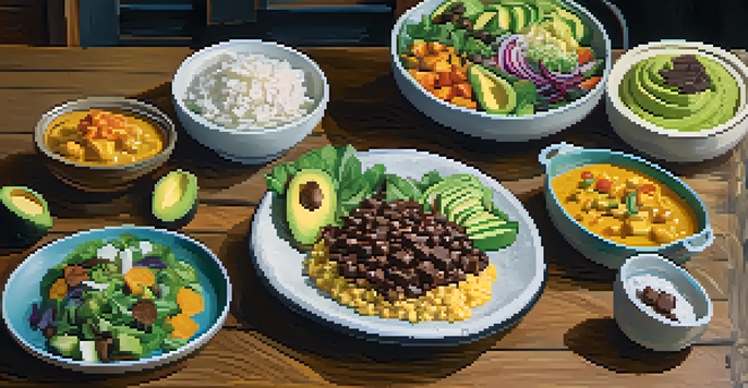 A colorful vegetarian meal with coconut curry, dark chocolate, and a salad with avocado on a rustic wooden table.