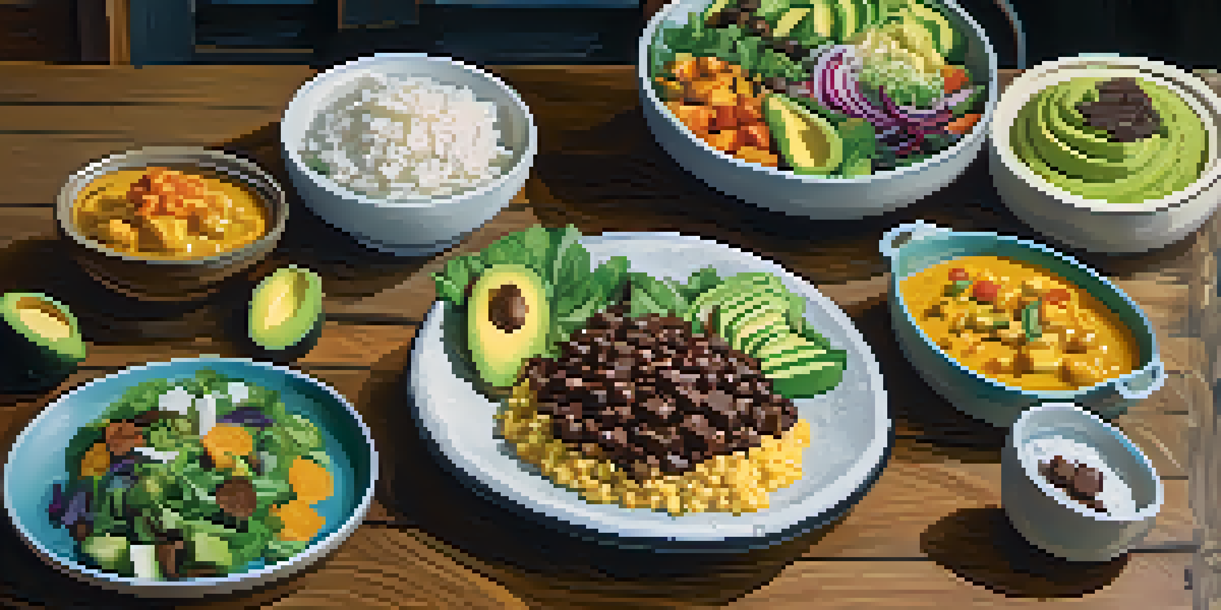 A colorful vegetarian meal with coconut curry, dark chocolate, and a salad with avocado on a rustic wooden table.