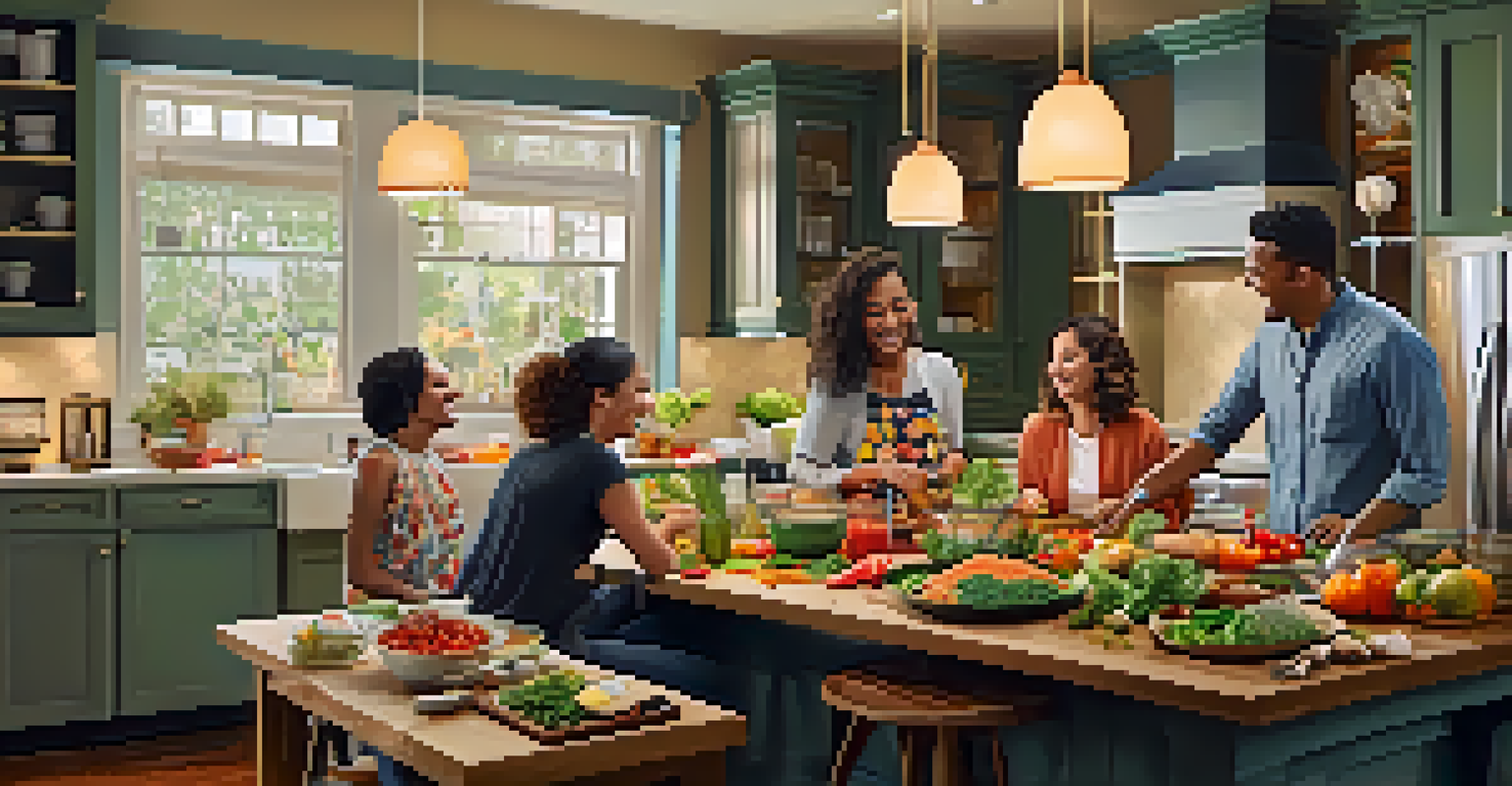 A group of friends cooking together in a cozy kitchen, surrounded by colorful vegetables and cooking utensils, radiating joy.