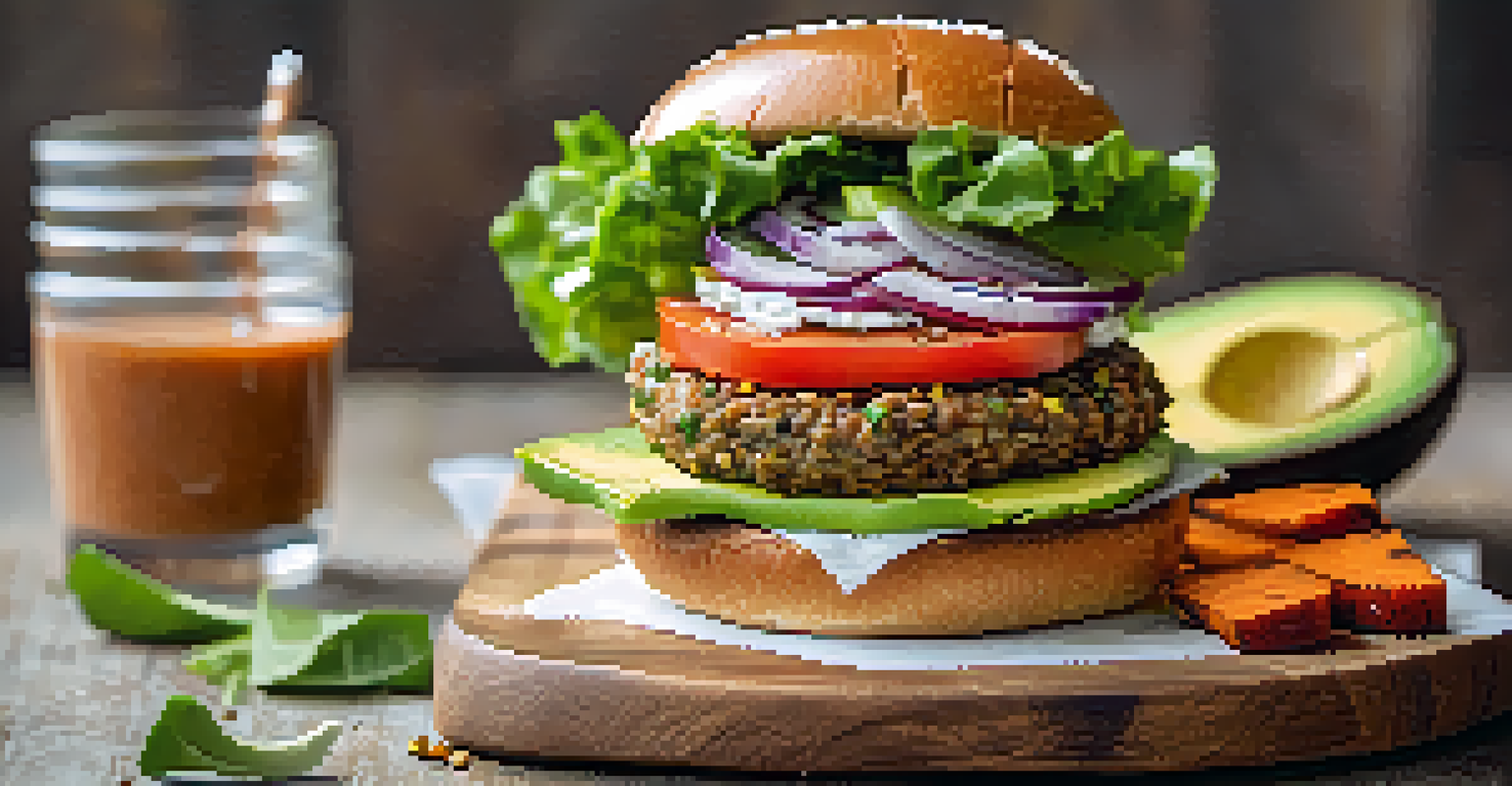 A close-up of a lentil veggie burger with avocado and sweet potato fries, presented on a wooden platter.