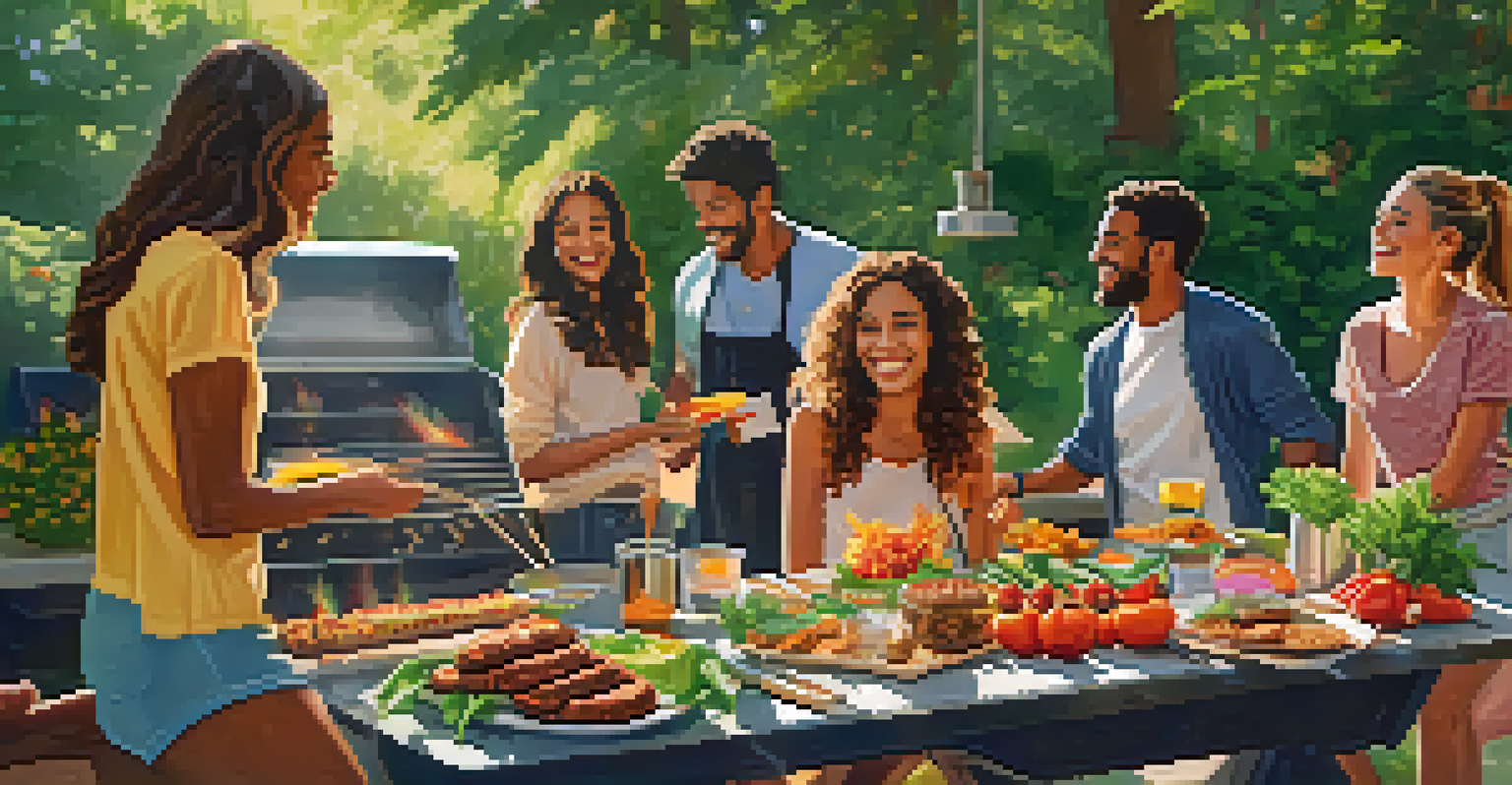 A group of friends at an outdoor barbecue enjoying plant-based foods including vegetable skewers and tempeh burgers, surrounded by greenery.