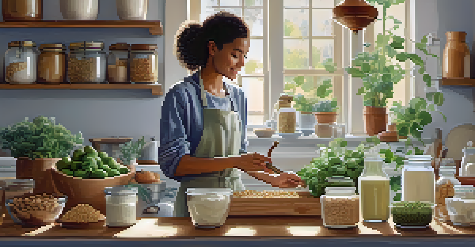 A young woman in a bright kitchen making homemade cashew yogurt, surrounded by ingredients and jars.