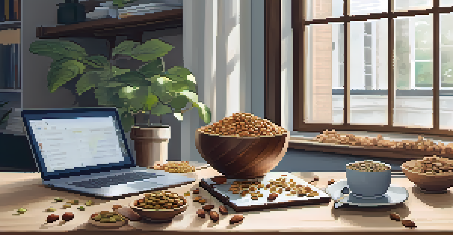 A stylish workspace with small bowls of nuts and seeds on a wooden desk, alongside a laptop and a notepad, illuminated by natural light from a window.