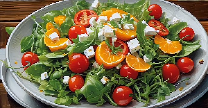A colorful salad with greens, cherry tomatoes, and bell pepper on a wooden table, illuminated by soft natural light.