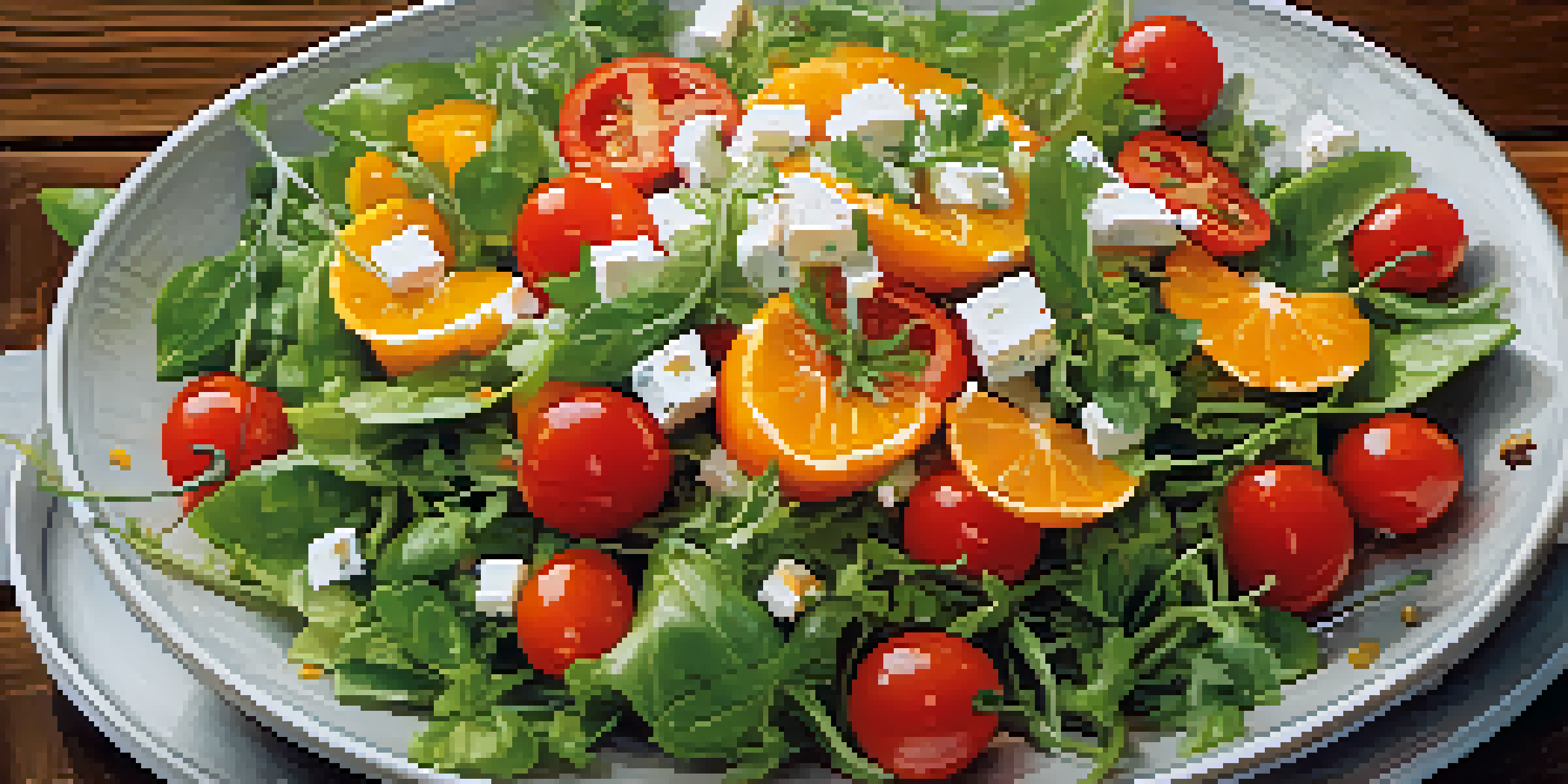 A colorful salad with greens, cherry tomatoes, and bell pepper on a wooden table, illuminated by soft natural light.