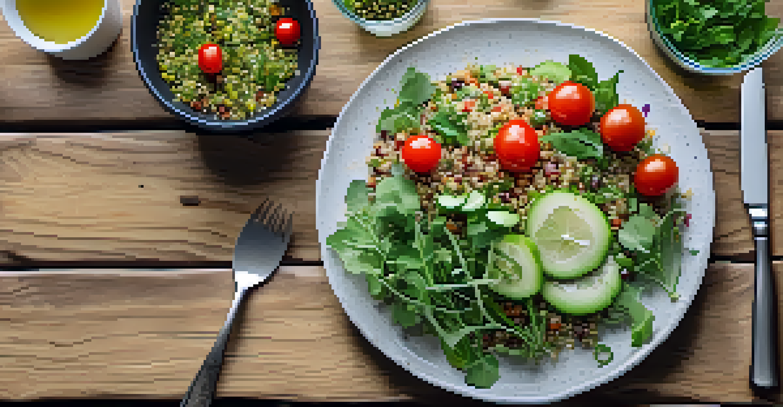 An artistic flat lay of a colorful quinoa salad with vegetables, set on a rustic wooden table.