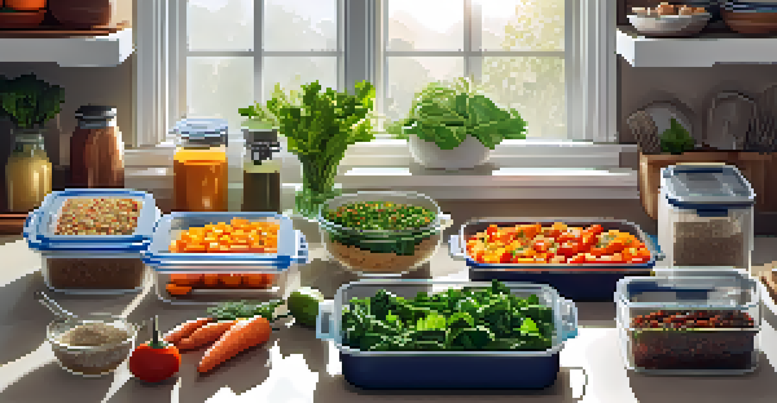 A meal prep setup with organized containers of roasted vegetables and quinoa on a countertop.