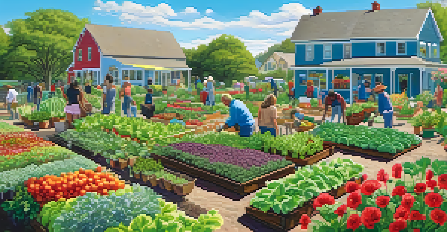 A community garden with people of various ages working together to grow vegetables under a clear blue sky.