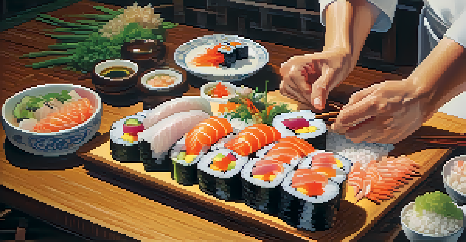 A chef's hands preparing sushi with fish, vegetables, and rice on a bamboo mat in warm kitchen lighting.
