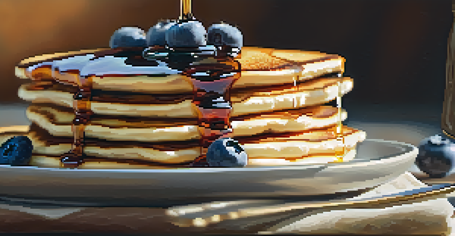 A spoon of maple syrup drizzling over pancakes, with blueberries and mint, illuminated by morning sunlight.