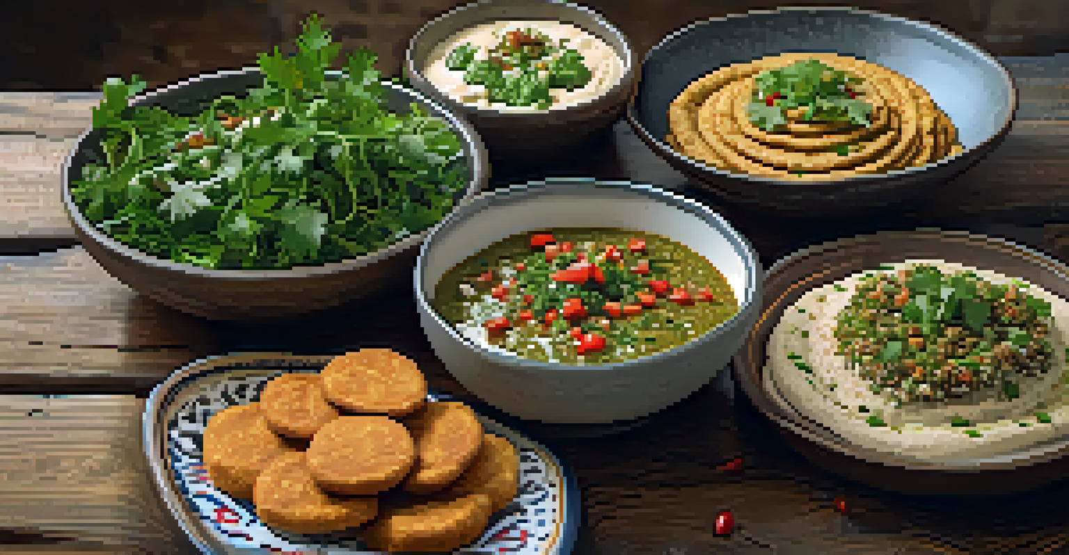 A plate of Middle Eastern vegetarian dishes including falafel, hummus, and tabbouleh, garnished with herbs.
