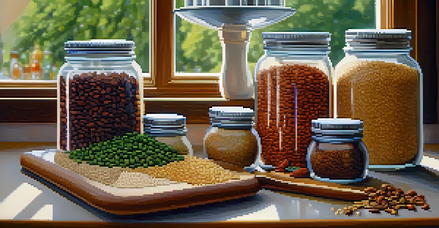 A wooden cutting board with whole grains, legumes, and nuts in a kitchen, with spices in the background and sunlight streaming through a window.