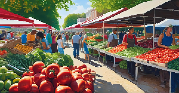 A lively farmer's market with colorful fruits and vegetables, sunlight filtering through trees, and diverse people interacting.