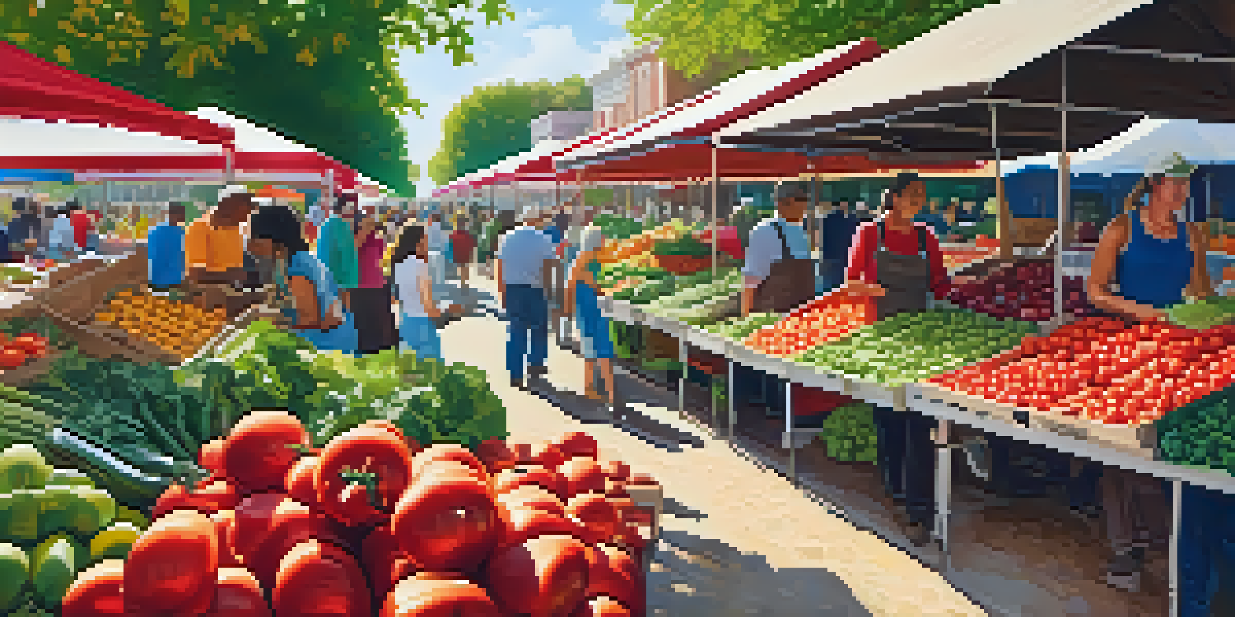 A lively farmer's market with colorful fruits and vegetables, sunlight filtering through trees, and diverse people interacting.