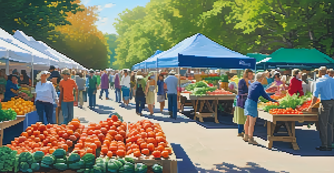 A lively farmer's market filled with colorful vegetables and people shopping, under warm sunlight.