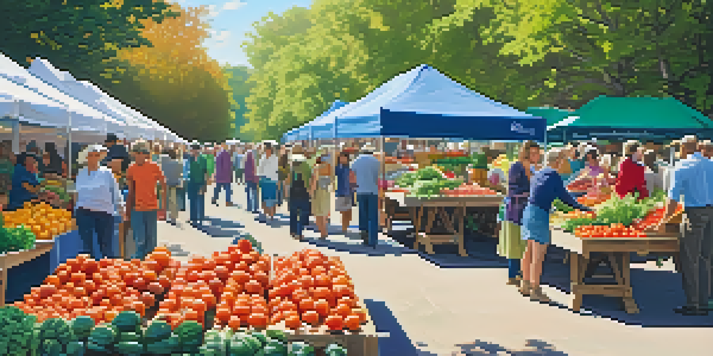 A lively farmer's market filled with colorful vegetables and people shopping, under warm sunlight.