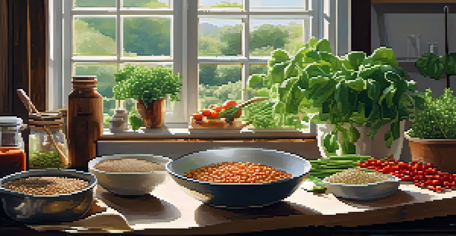 A cozy kitchen with a table full of plant-based ingredients and an open cookbook for a vegetarian recipe.