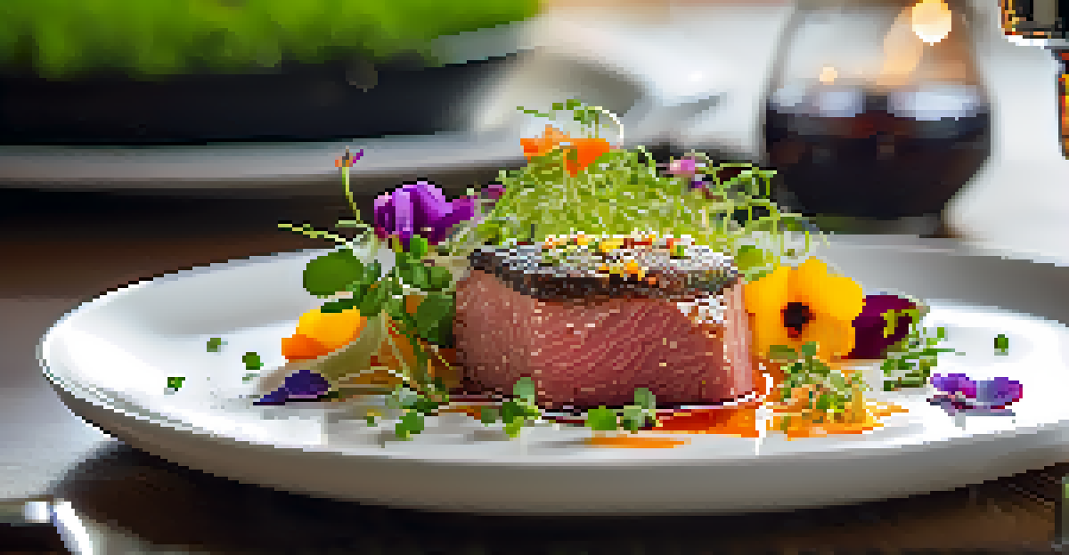 A gourmet vegetarian dish with lab-grown meat, colorful vegetables, and artistic garnishes on a white plate in a warm restaurant setting.