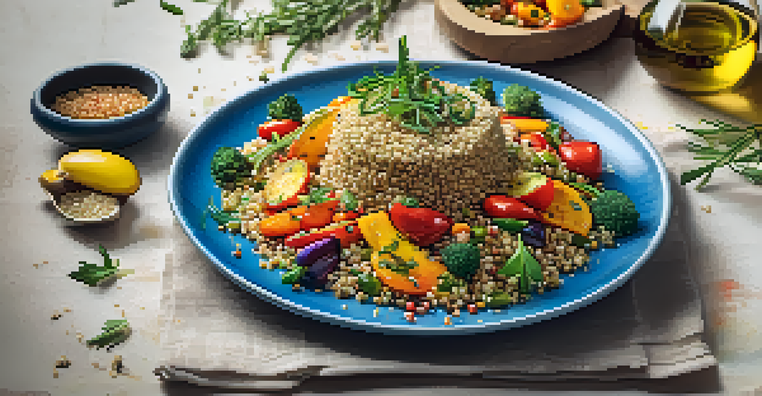 A close-up of a vegetarian dish with quinoa and roasted vegetables, garnished with herbs, showcasing vibrant colors and textures.