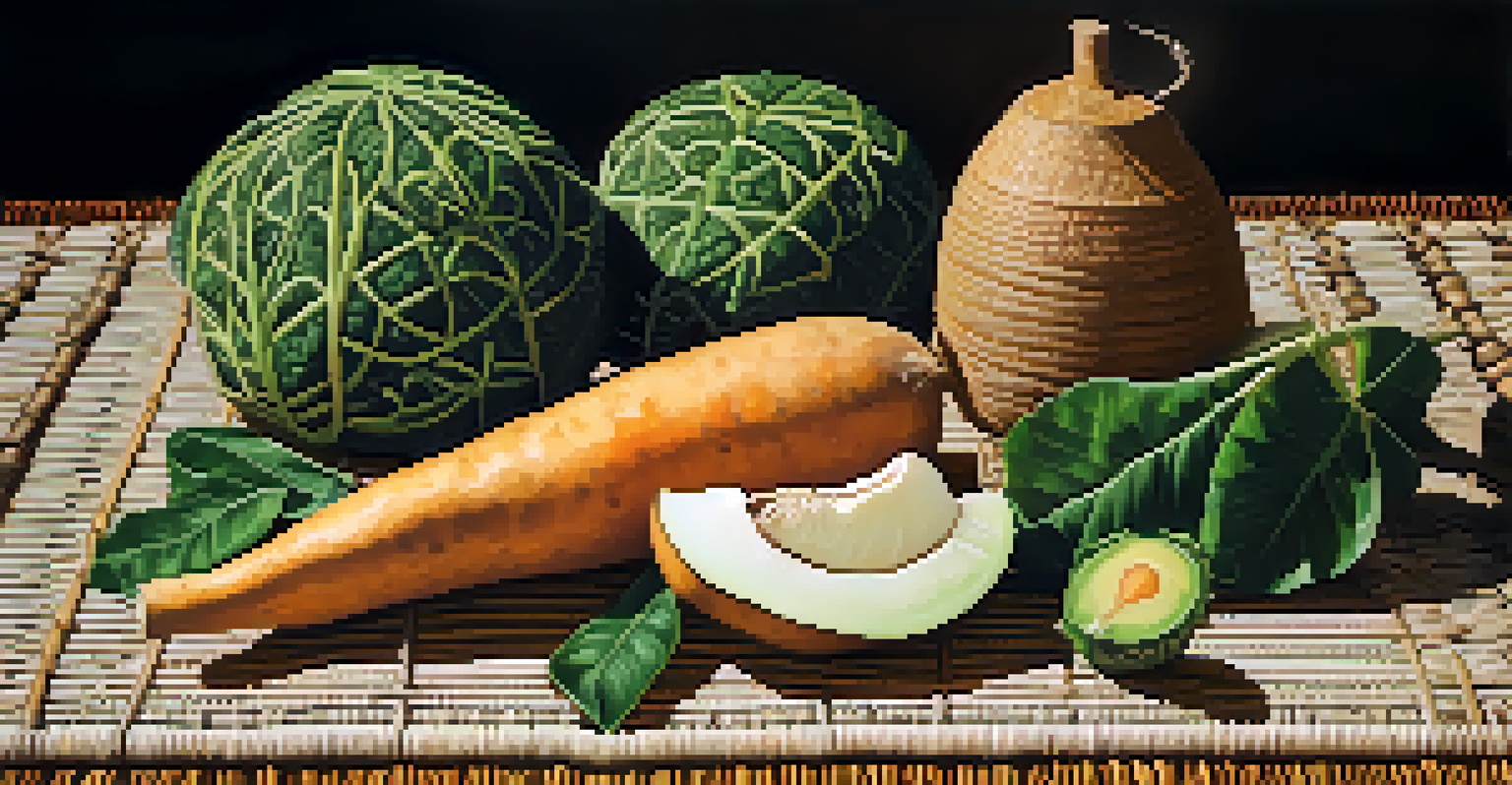 A still life composition of traditional Maori foods including kumara and native plants set on a woven mat with soft, natural lighting.