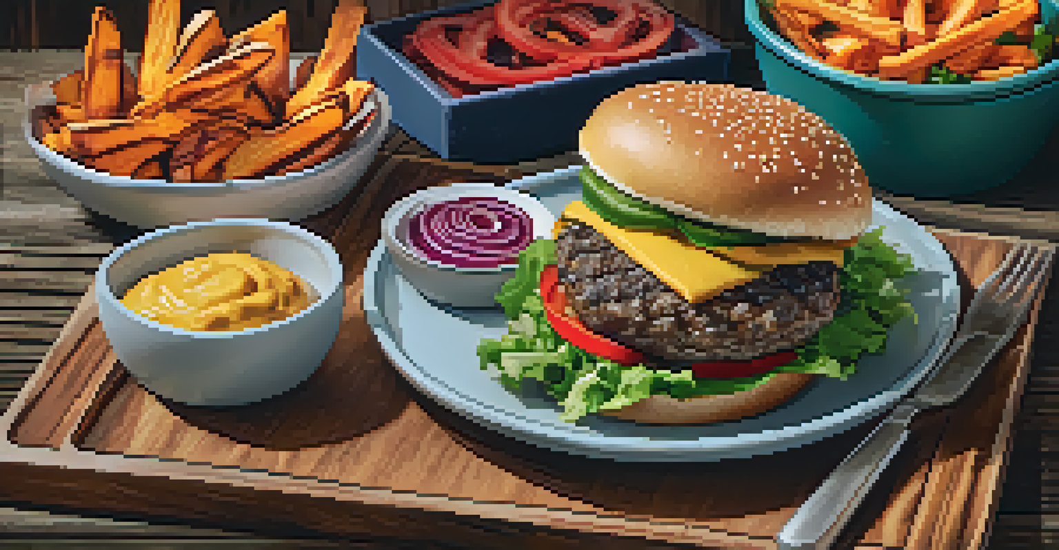 A close-up of a plated vegetarian burger with toppings, sweet potato fries, and salad on a rustic wooden table.