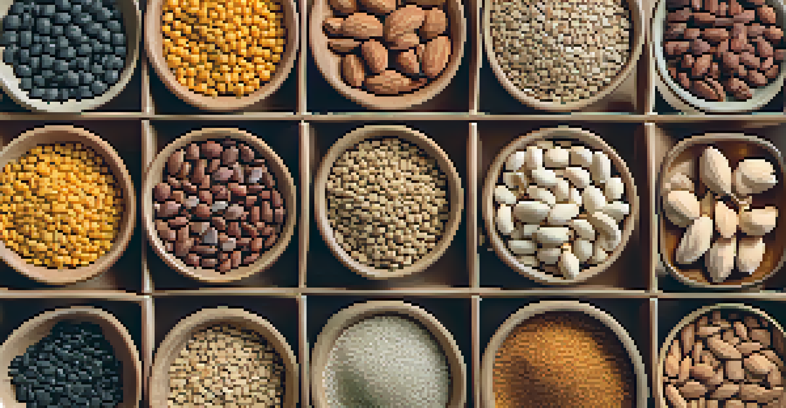 An assortment of legumes, nuts, and seeds displayed in small bowls, highlighting their textures and colors.