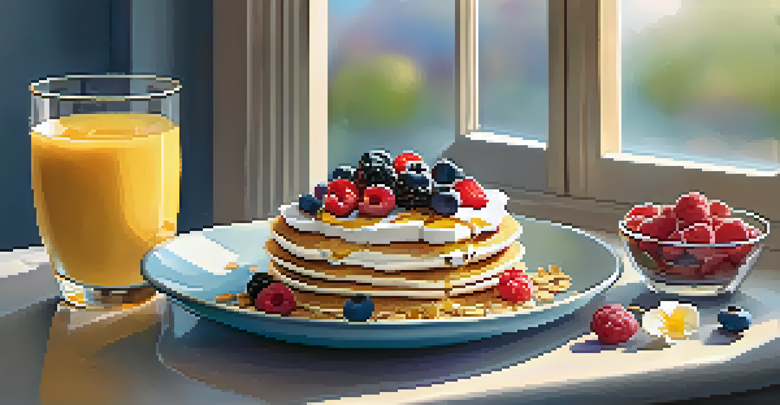 A breakfast table displaying a yogurt parfait and whole-grain pancakes topped with banana slices, illuminated by morning light.