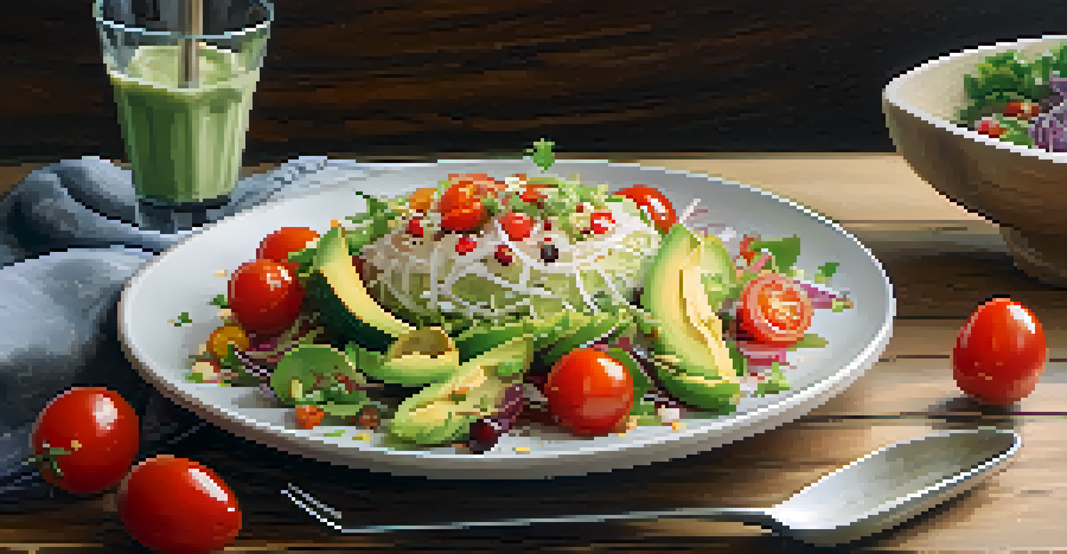 A salad topped with sauerkraut served on a white plate, surrounded by avocado slices and cherry tomatoes, with warm lighting in the background.