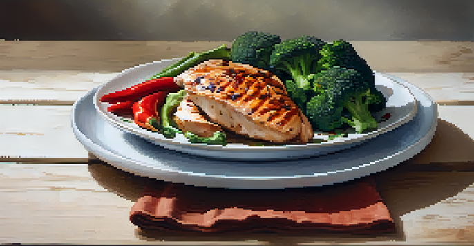 A beautifully arranged plate with grilled chicken, steamed broccoli, and roasted red bell peppers on a wooden table, illuminated by soft natural light.