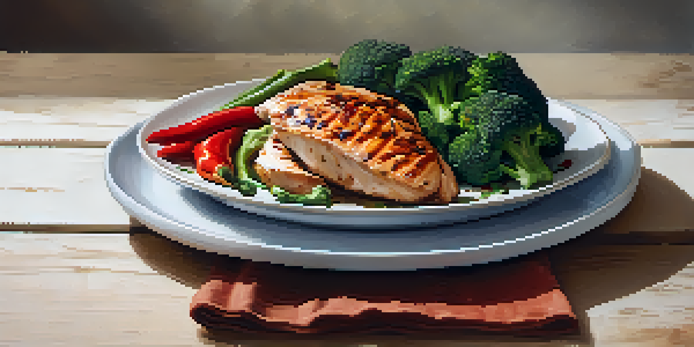 A beautifully arranged plate with grilled chicken, steamed broccoli, and roasted red bell peppers on a wooden table, illuminated by soft natural light.
