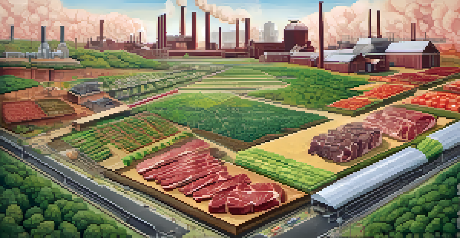 An infographic-style image comparing the environmental impact of meat consumption and vegetarianism with contrasting landscapes.