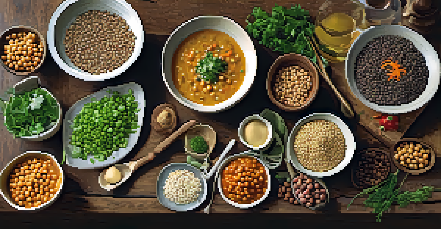 A variety of healthy vegetarian foods displayed on a wooden table, including lentil soup and quinoa salad, illuminated by natural light.