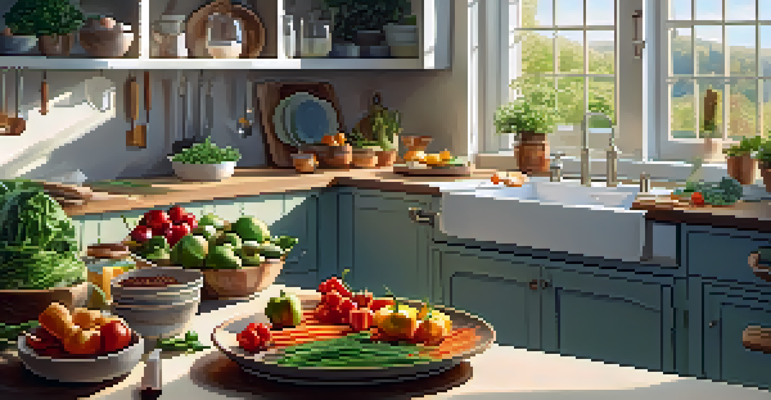 A person preparing plant-based meals in a bright kitchen filled with fresh vegetables and grains, illuminated by sunlight.