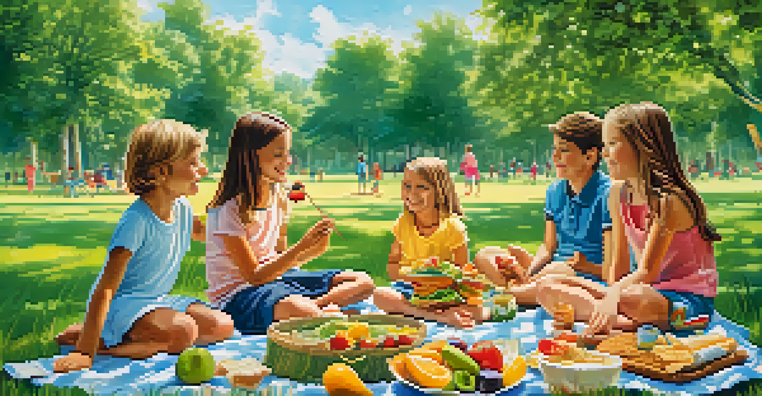 Children having a picnic in a park, enjoying various healthy vegetarian snacks in a bright outdoor setting.