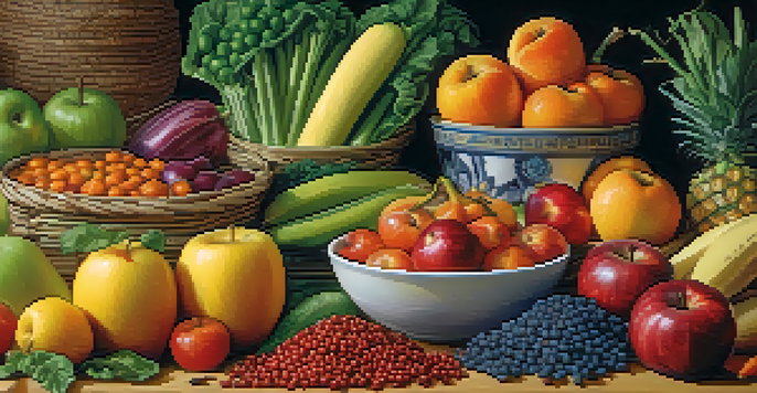 An assortment of fresh fruits, vegetables, legumes, and whole grains displayed on a wooden table, showcasing the vibrant colors and textures of fiber-rich foods.