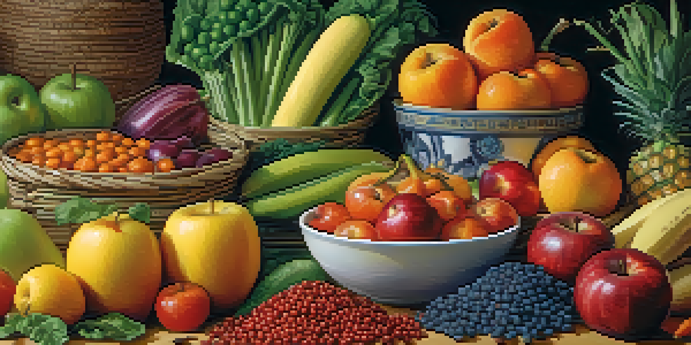 An assortment of fresh fruits, vegetables, legumes, and whole grains displayed on a wooden table, showcasing the vibrant colors and textures of fiber-rich foods.