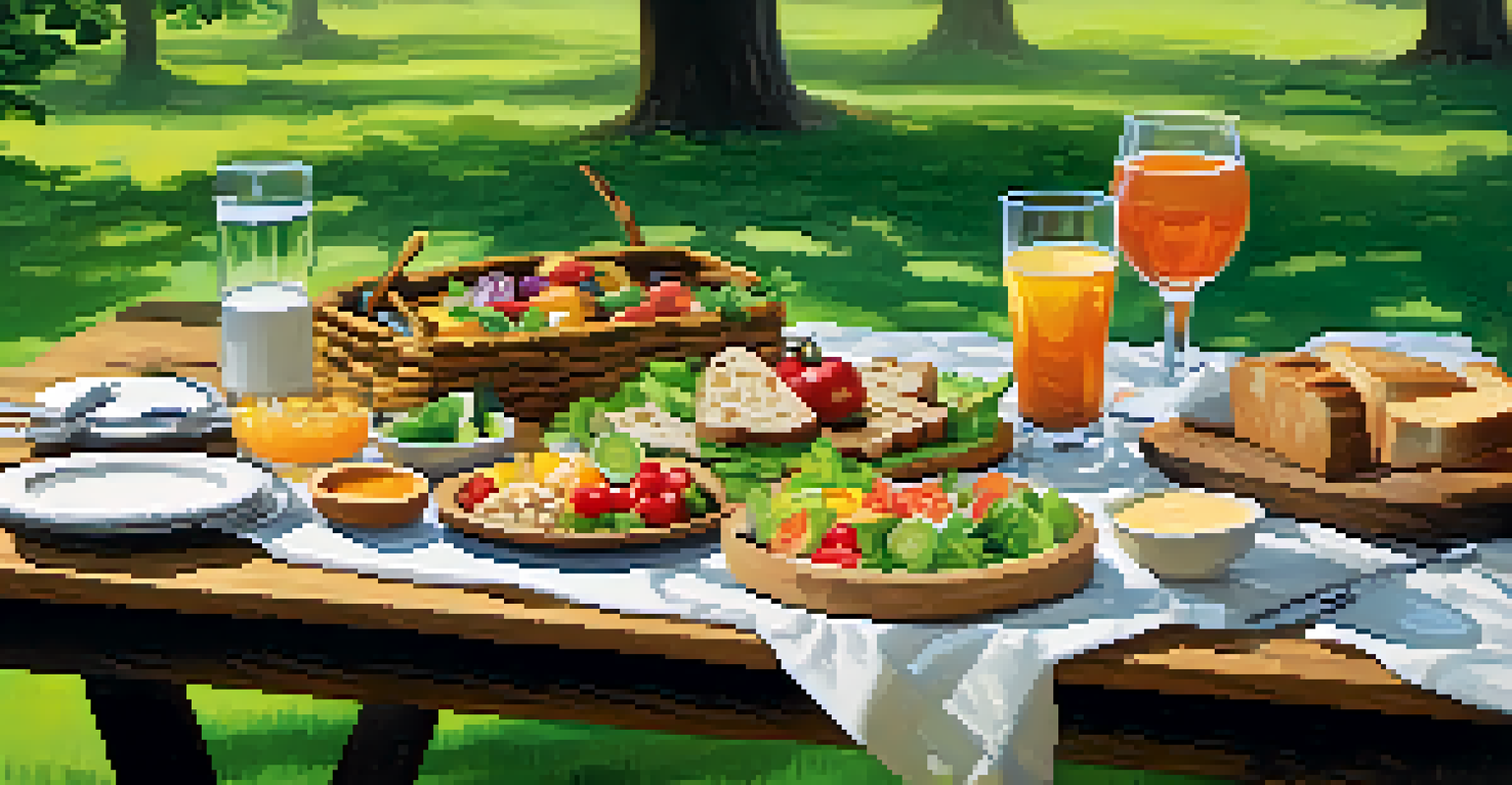 An outdoor picnic scene with a wooden table displaying a variety of vegetarian dishes in a green park.