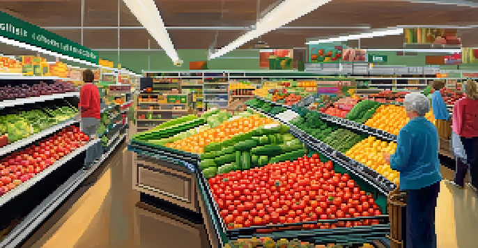 A grocery store aisle showcasing a variety of fresh fruits and vegetables, with bright colors and warm lighting.