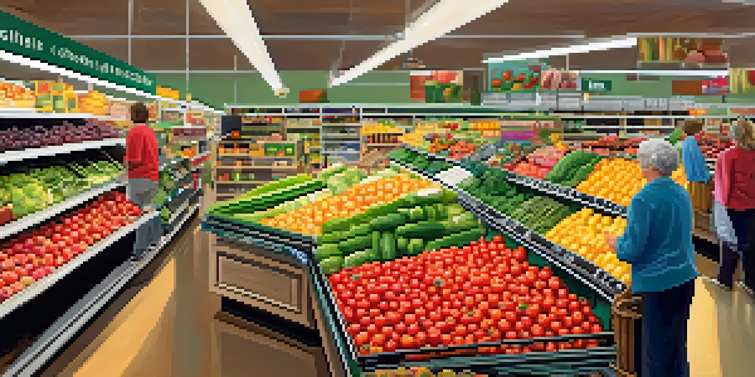 A grocery store aisle showcasing a variety of fresh fruits and vegetables, with bright colors and warm lighting.
